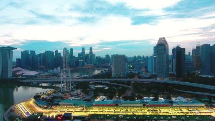 黄昏时新加坡地标金融商务区鸟瞰图