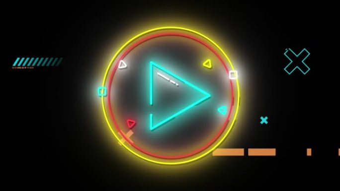 动画的蓝色霓虹灯三角形在黄色和红色的环，十字架和线在黑色的背景