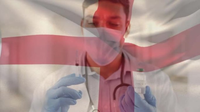 英国国旗的动画挥舞着戴着口罩和疫苗的医生