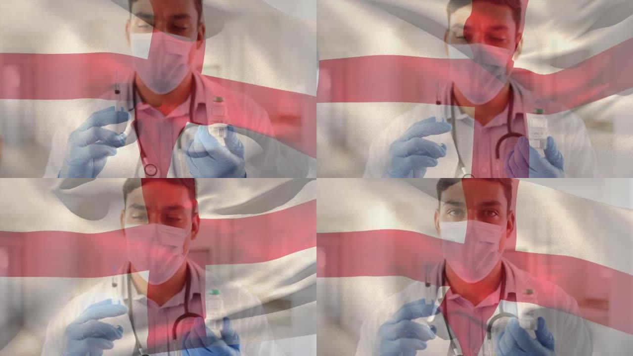 英国国旗的动画挥舞着戴着口罩和疫苗的医生