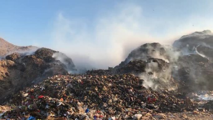 在垃圾场或垃圾填埋场燃烧一堆垃圾，释放环境中的有毒烟雾并污染空气。流浪狗在垃圾场寻找食物吃