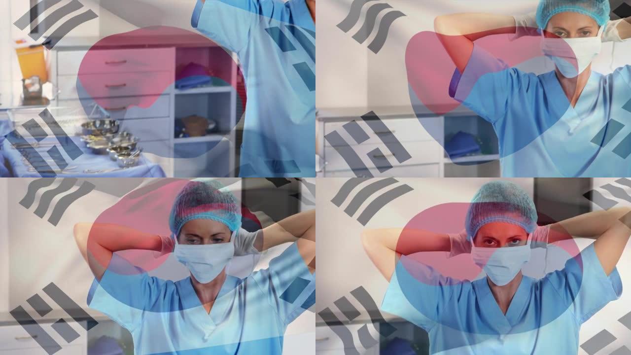 韩国国旗在手术室中挥舞着女外科医生的动画