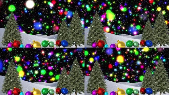 冬季景观上五颜六色的蓝色光点和雪落在五颜六色的圣诞小玩意上