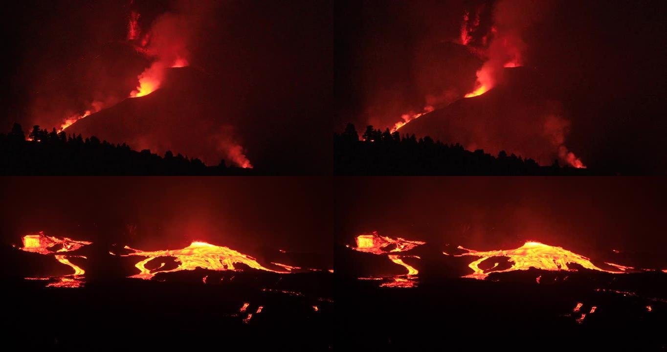 熔岩流摧毁了拉帕尔马塔朱亚的 “埃尔帕拉伊索”。坎布尔·维耶哈火山爆发。10/18/2021