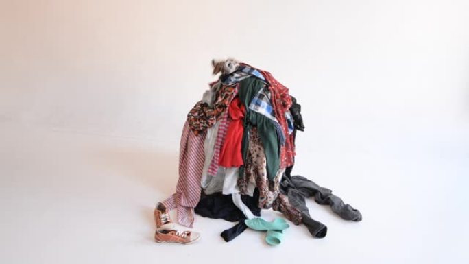 一堆旧衣服，其他东西被扔在身上。废物分类和回收