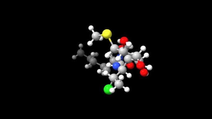 动画3D球棒和抗生素克林霉素的空间模型，黑色背景