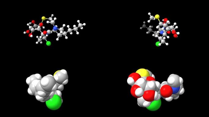 动画3D球棒和抗生素克林霉素的空间模型，黑色背景