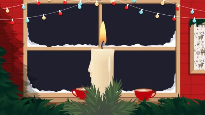 窗户和圣诞仙女灯上的蜡烛动画