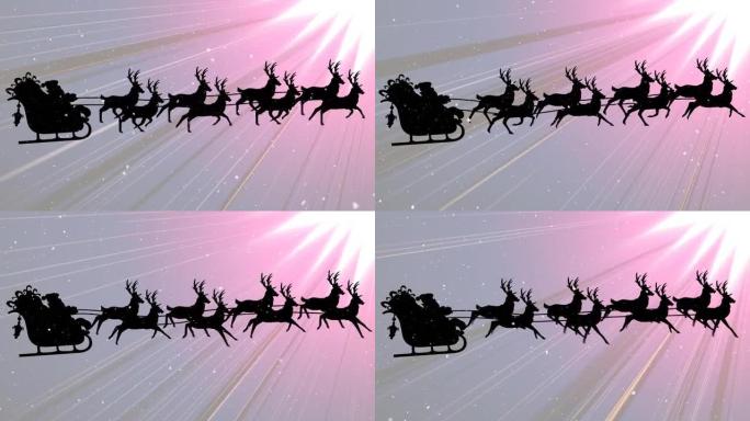 雪落在雪橇上的圣诞老人上，被驯鹿和粉红色背景上的小径拉