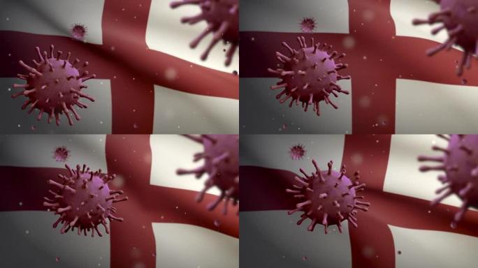 3D，英格兰国旗随着冠状病毒的爆发而挥舞。英语Covid 19