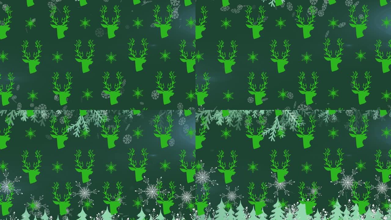雪花落在绿色背景上的绿色驯鹿纹理上的动画