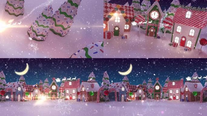 冬天的雪和驯鹿的圣诞老人的动画