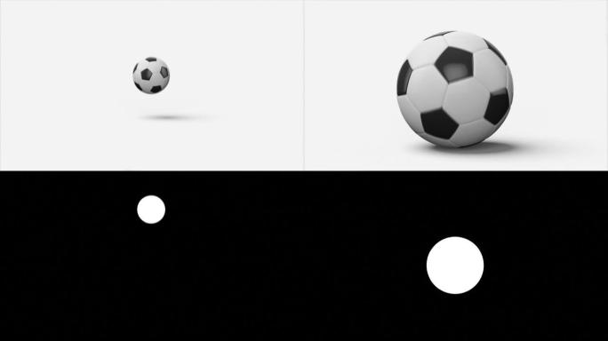 足球在白色背景上缓慢跳跃并滚动到屏幕上。带阿尔法通道的4k动画