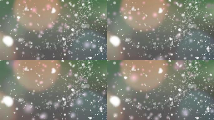 绿色背景上雪花落在光斑上的数字动画