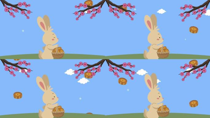 快乐中秋动漫带兔子提篮