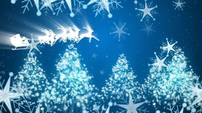蓝色背景上圣诞雪花落在圣诞雪橇上的动画