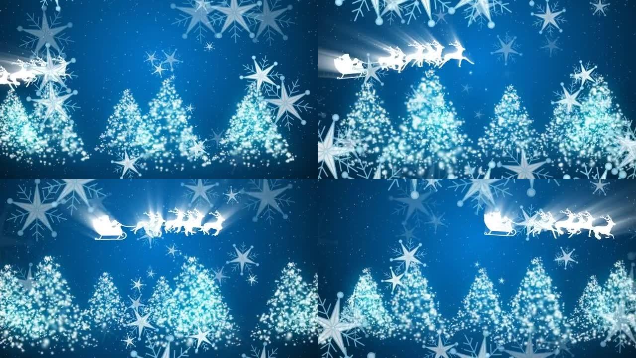 蓝色背景上圣诞雪花落在圣诞雪橇上的动画