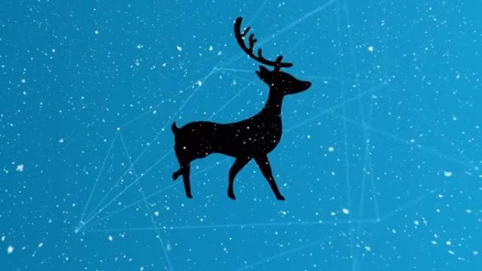 雪落在驯鹿的轮廓上，在蓝色背景上的连接网络上行走