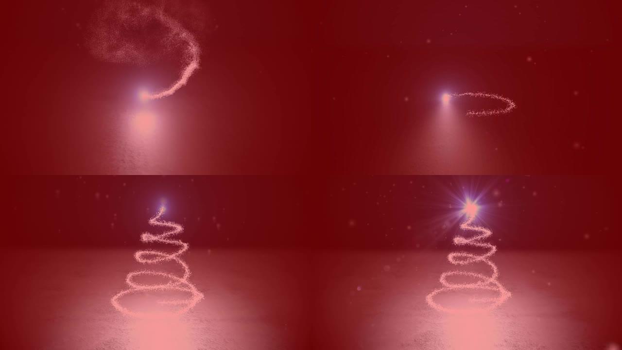 带有红色滤镜的背景上的降雪和圣诞树动画