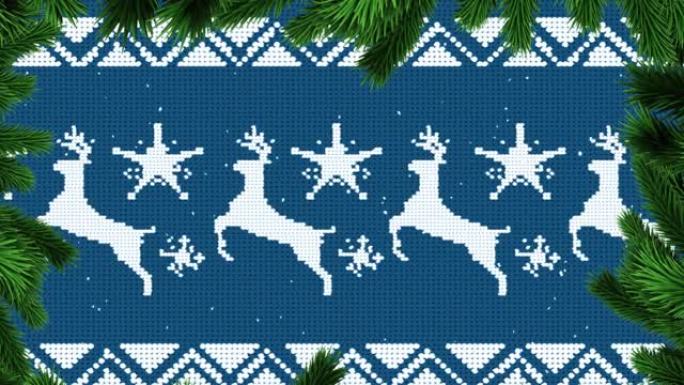 传统圣诞节图案上的圣诞树树枝与驯鹿在蓝色背景下