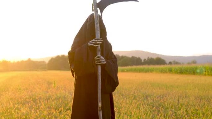 死神在夕阳下看着田野里的相机，拿着一把镰刀。