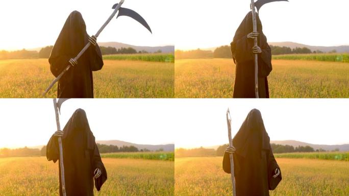 死神在夕阳下看着田野里的相机，拿着一把镰刀。