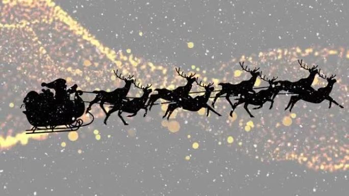 雪落在雪橇上的圣诞老人的轮廓上，被驯鹿拉向数字波浪