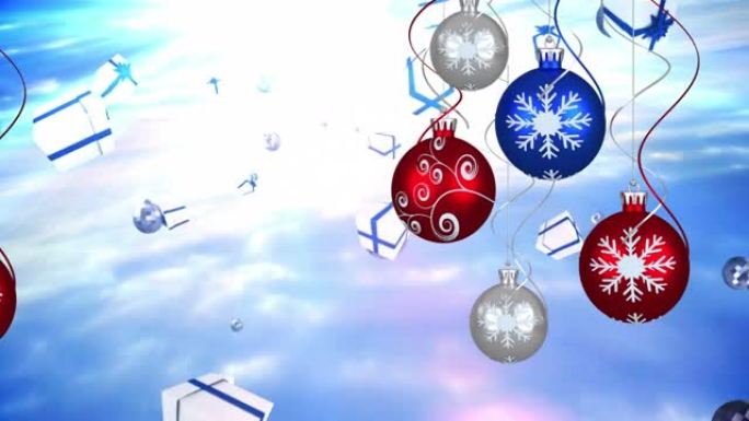 蓝色背景上掉落的礼物上的红色，蓝色和灰色圣诞树球的动画
