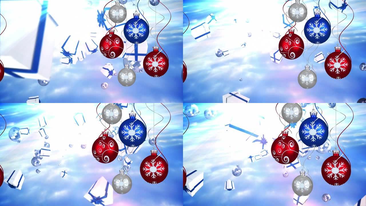 蓝色背景上掉落的礼物上的红色，蓝色和灰色圣诞树球的动画