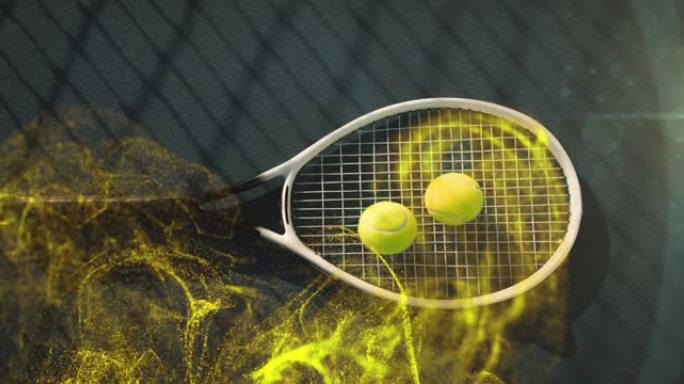 在球拍上的网球上发光的黄色颗粒的动画