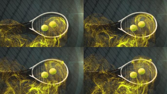 在球拍上的网球上发光的黄色颗粒的动画