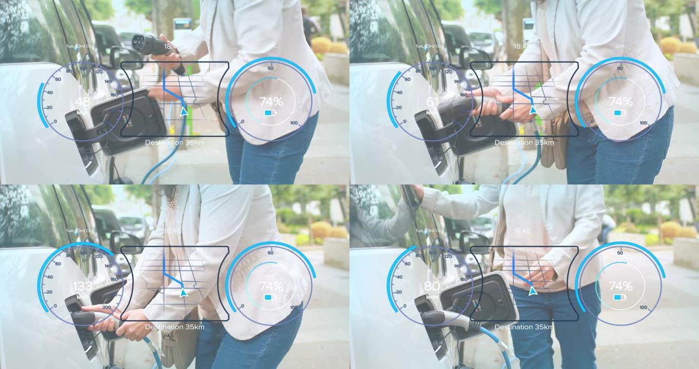 女加油车上带充电电池图标和速度计的界面动画