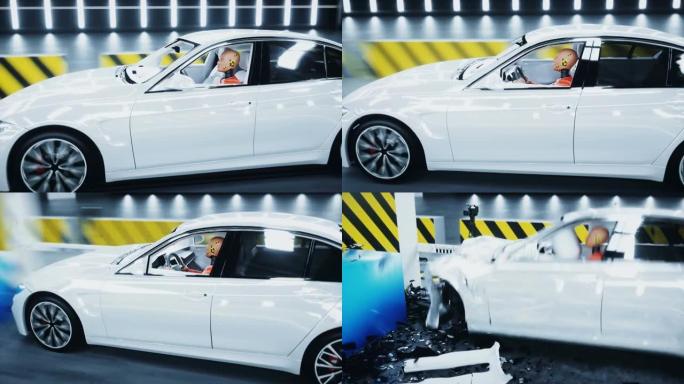 通用3d汽车碰撞试验与碰撞试验假人。汽车破坏。现实的4 k的动画。
