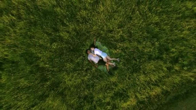 幸福的夫妇躺在绿草地上