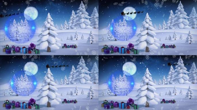 多个蓝色小玩意挂在雪地上，落在冬天的圣诞节礼物上