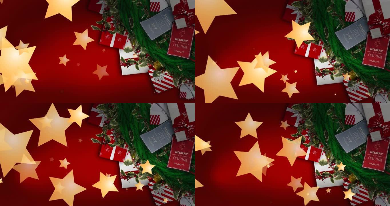 红色背景上的圣诞节礼物掉落的发光星星的动画