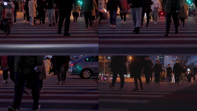 夜晚街道低角度斑马线人群脚步走来走去