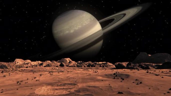 从火星表面看到的土星。火星表面，散布着小岩石和红色沙子。生锈的橙色阴影中的火星景观，火星行星表面，沙