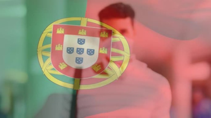 在covid 19大流行期间，葡萄牙国旗挥舞着戴着口罩的男子的动画