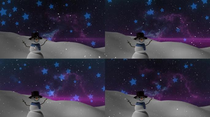 夜空冬季风景中的雪人动画