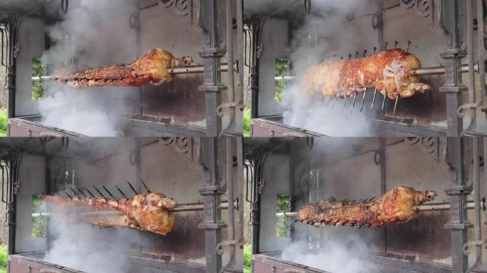 厨师在火焰上烧烤羊排。在烤箱里烤的羊肉。一些肉串正在烤。用热木炭烤的串羊肉