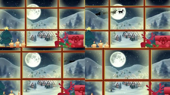 通过窗户看到房屋和圣诞老人雪橇的冬季圣诞节场景动画