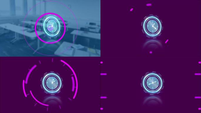 背景中移动时钟和紫色圆圈和形状在办公室移动的动画