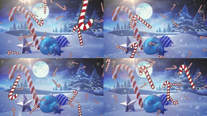 圣诞装饰品和冬季风景下的雪花糖果手杖动画