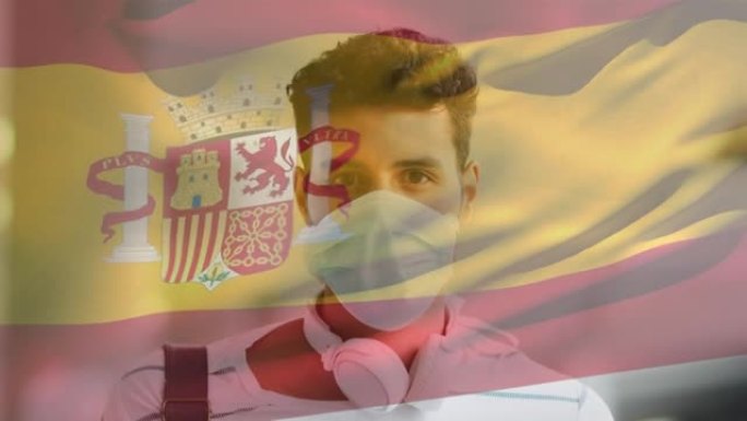 在covid 19大流行期间，西班牙国旗挥舞着戴着口罩的男子的动画