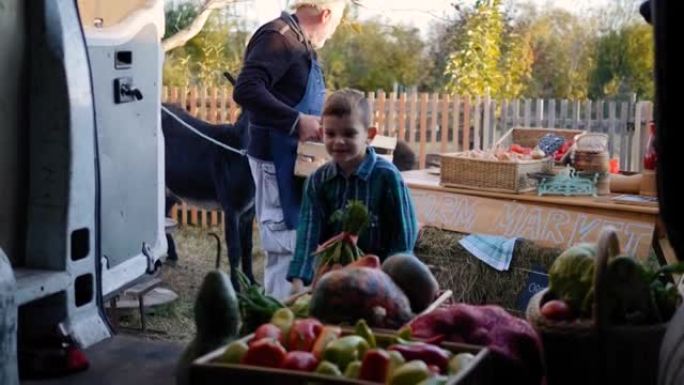 孙子在一个有机农场帮助他的祖父。一家人在当地市场从面包车上卸下了一箱蔬菜。小男孩帮助他的祖父在农场上