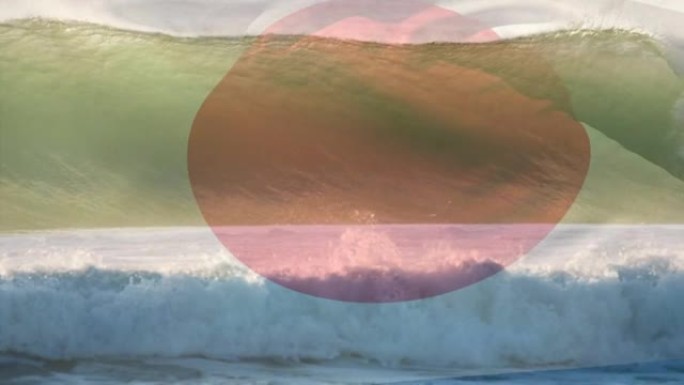 在海中挥舞日本国旗的数字构图