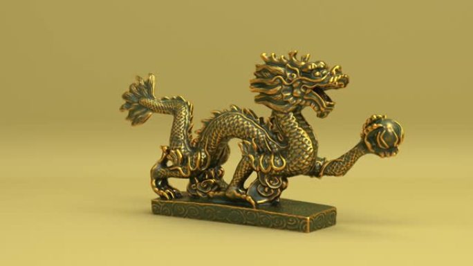 中国亚洲古龙雕塑3d渲染动画背景，占星术十二生肖和东方古董爬行动物雕像无缝循环动画
