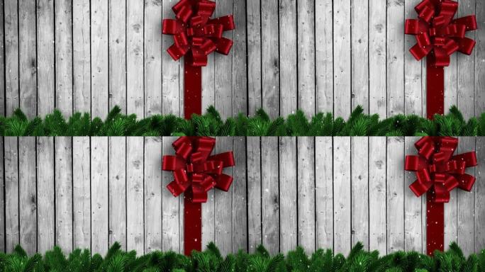 木制背景上的圣诞红色蝴蝶结动画