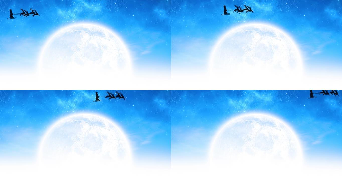 圣诞老人在雪橇上的动画，驯鹿在月亮和天空上